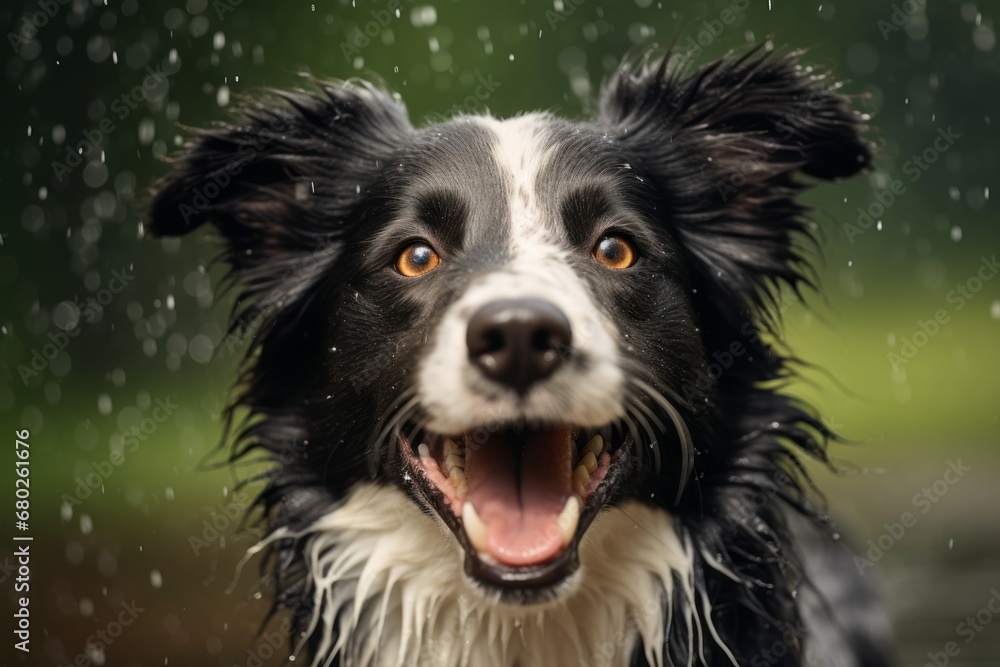happy border collie playing in the rain over zoos and wildlife sanctuaries background