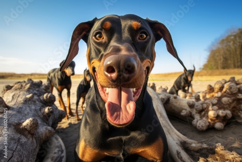 happy doberman pinscher biting a bone in zoos and wildlife sanctuaries background