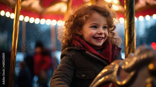 A joyful young girl in a winter hat and scarf is smiling while riding on a carousel horse in the evening, illuminated by the ride's lights. © MP Studio