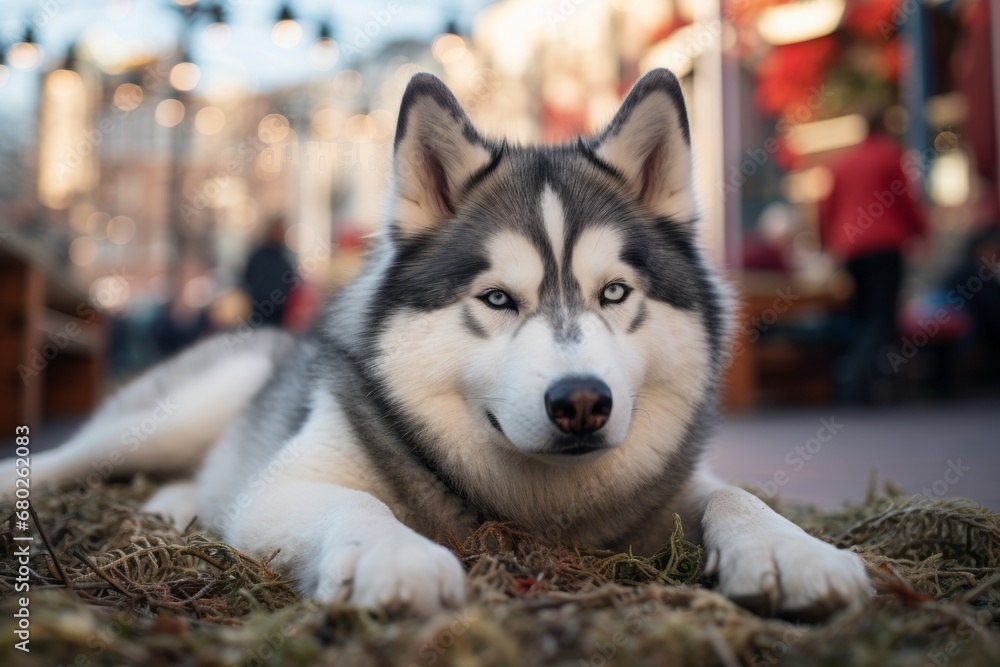 cute siberian husky lying down isolated in public plazas and squares background