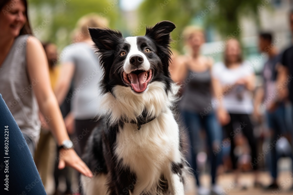 happy border collie dancing with the owner over public plazas and squares background