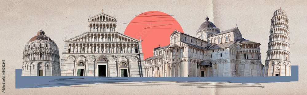 Pisa. Italy. Collage of famous places in Pisa.