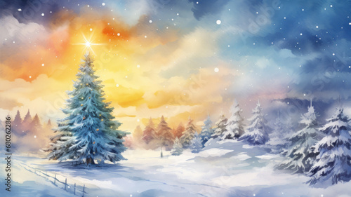 Wallpaper Mural Christmas tree watercolor painting. Beautiful winter forest landscape in snowfall. Winter illustration. Torontodigital.ca