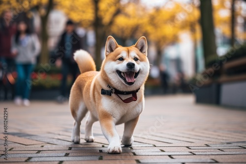 funny akita inu scratching the body while standing against public plazas and squares background © Markus Schröder