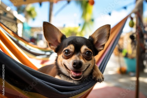 happy chihuahua lying in a hammock isolated on outdoor markets background