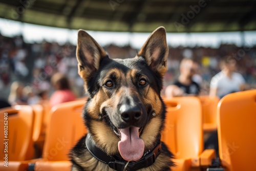 happy german shepherd being at a sports game over outdoor markets background photo