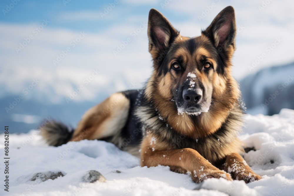 curious german shepherd lying down on snowy winter landscapes background