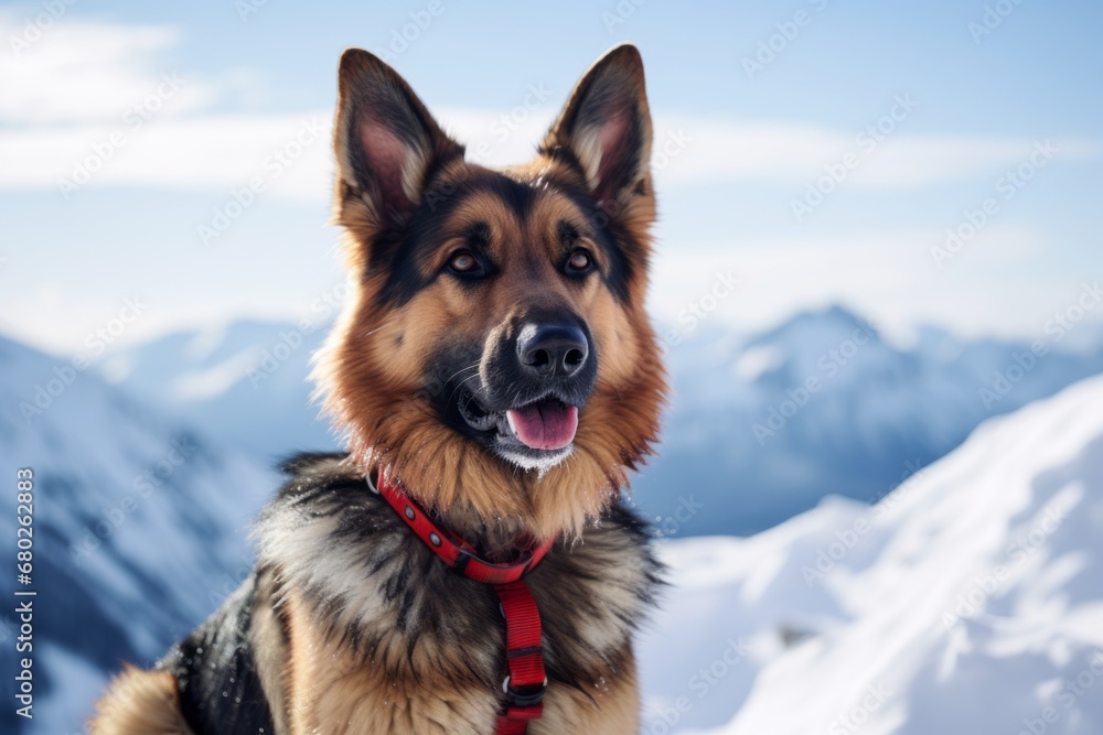 happy german shepherd wearing a collar over snowy winter landscapes background happy german shepherd wearing a collar over snowy winter landscapes background