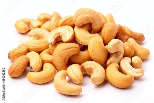 Roasted cashew nuts on a white background close-up. Concept of healthy eating.