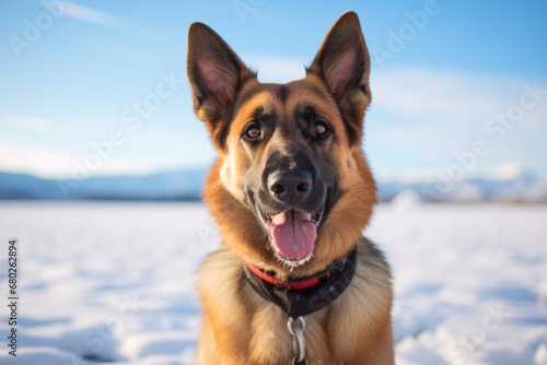 happy german shepherd wearing a collar in front of snowy winter landscapes background