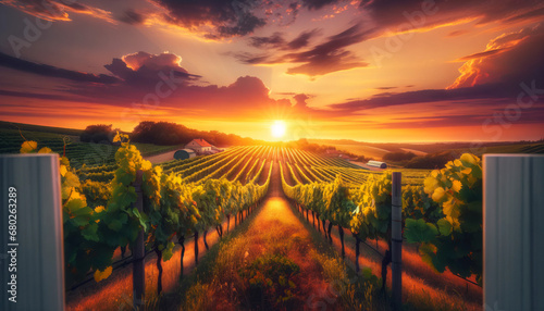 vineyard at sunset. The scene includes rows of grapevines stretching toward the horizon, bathed in the warm glow of the sun, generative ai 