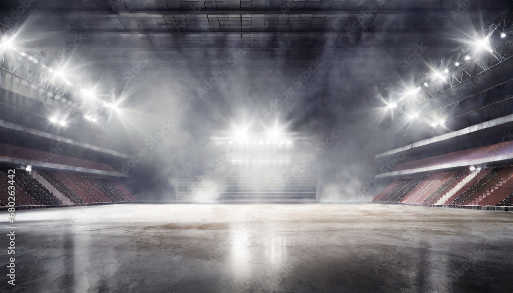 sports arena with concrete floor with smokes and spotlights