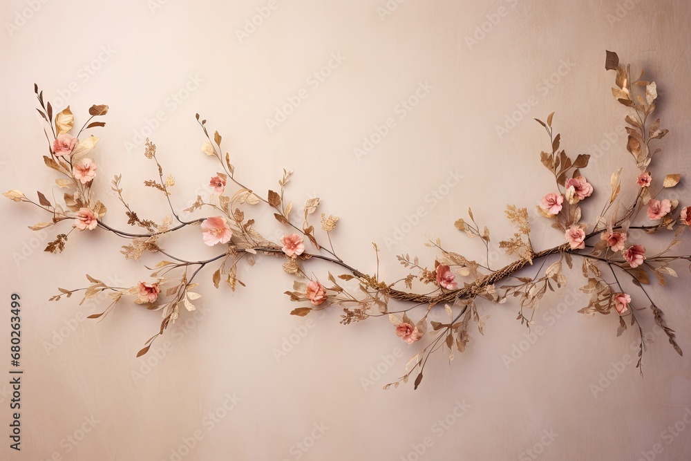  a branch with pink flowers hanging from it's side on a wall in front of a light colored wall.