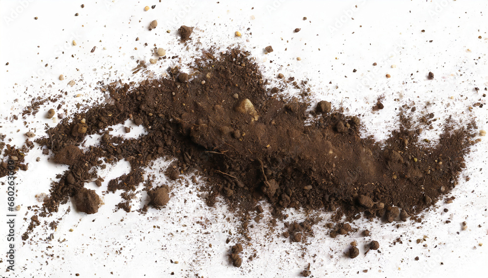 soil dirt scattered isolated on white background and texture top view - obrazy, fototapety, plakaty 