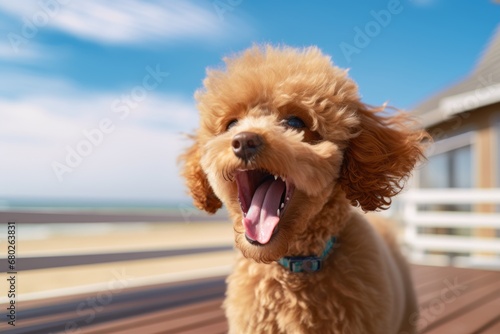 cute poodle barking in front of beach boardwalks background