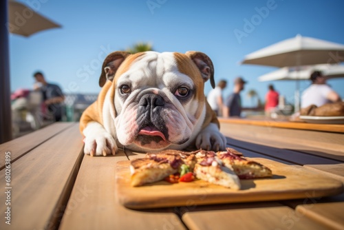 cute bulldog eating while standing against beach boardwalks background