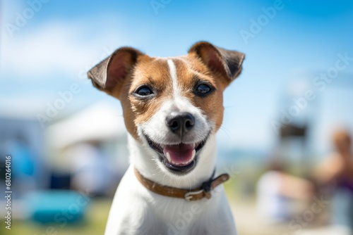 cute jack russell terrier being at a farmer's market isolated in lighthouses background
