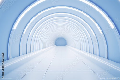 Futuristic empty silver long tunnel. Round corridor with light for showcase and display products.