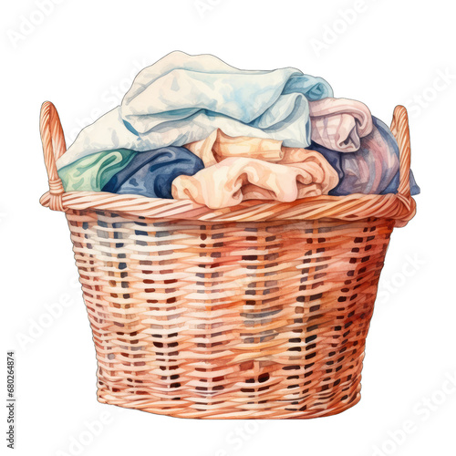 Wicker laundry basket with clothes, transparent background