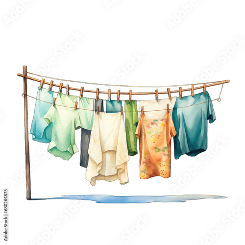 Lots of clothes drying on a clothesline  watercolor  isolated on transparent background