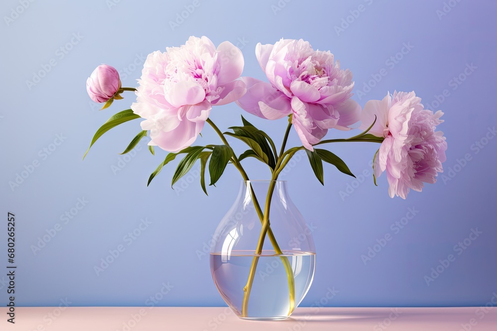 a vase filled with pink peonies on top of a white counter top next to a blue wall and a light blue background. a vase filled with pink peonies on top of a white counter top next to a blue wall and a light blue background.
