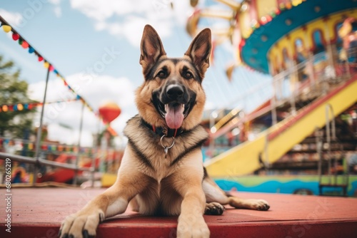 smiling german shepherd sitting in festivals and carnivals background