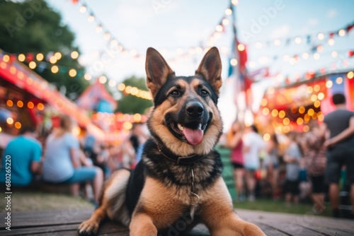 smiling german shepherd sitting in front of festivals and carnivals background