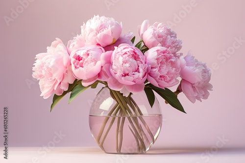  a vase filled with pink peonies on top of a white counter top in front of a pink wall.