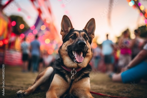 smiling german shepherd sitting in front of festivals and carnivals background