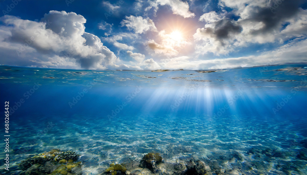 blue sea or ocean water surface and underwater with sunny and cloudy sky