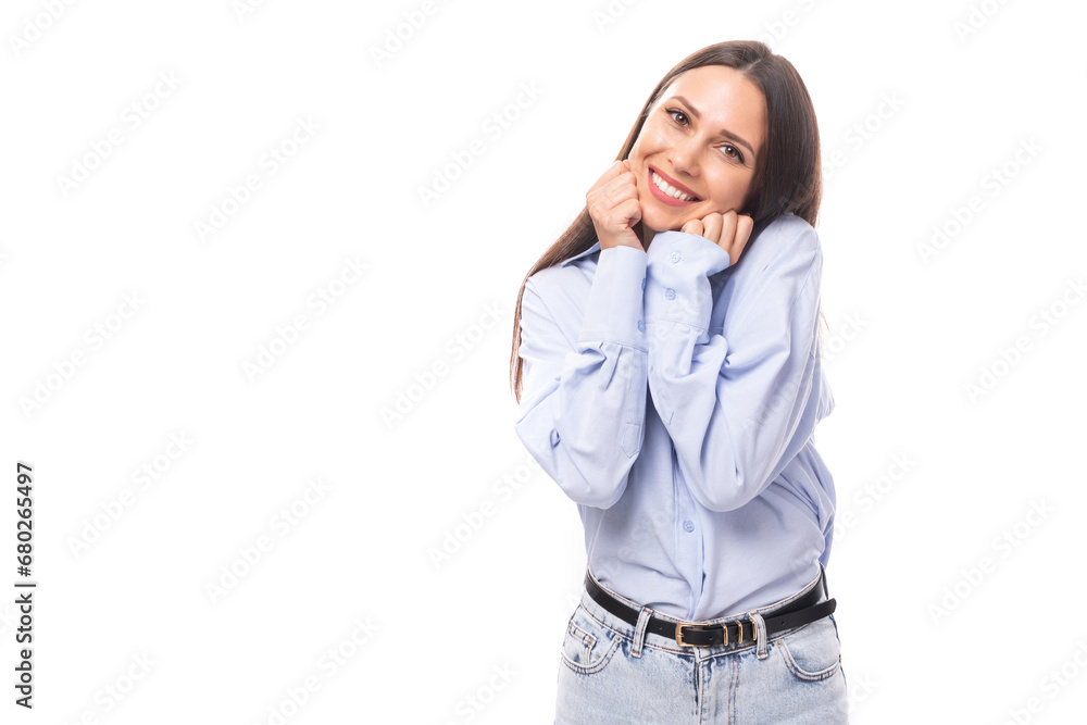 young charming european business woman with long black hair dressed in a blue blouse on a white background with copy space young charming european business woman with long black hair dressed in a blue blouse on a white background with copy space