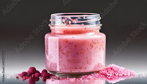 closeup pink texture rich creamy smoothing shower and bath cream scrub with organic particles and oils for gentle exfoliation and nourishment in glass jar isolated on transparent background