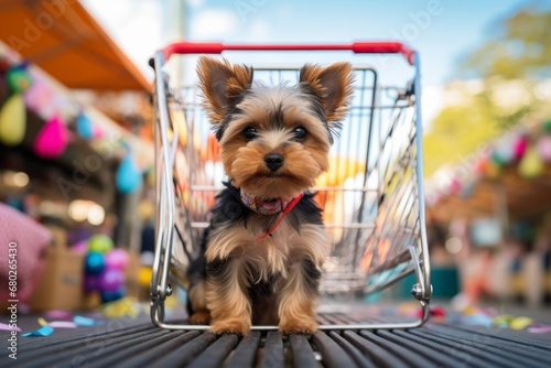 curious yorkshire terrier sitting in a shopping cart in festivals and carnivals background