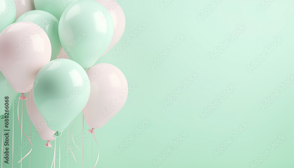 Green and pink pastel 3D balloons floating in pink green pastel background room studio. minimal idea creative concept. Copy space. Celebration,Festive Happy birthday concept Green and pink pastel 3D balloons floating in pink green pastel background room studio. minimal idea creative concept. Copy space. Celebration,Festive Happy birthday concept
