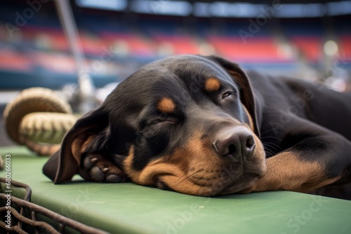 Medium shot portrait photography of a cute rottweiler sleeping against sports stadiums background. With generative AI technology