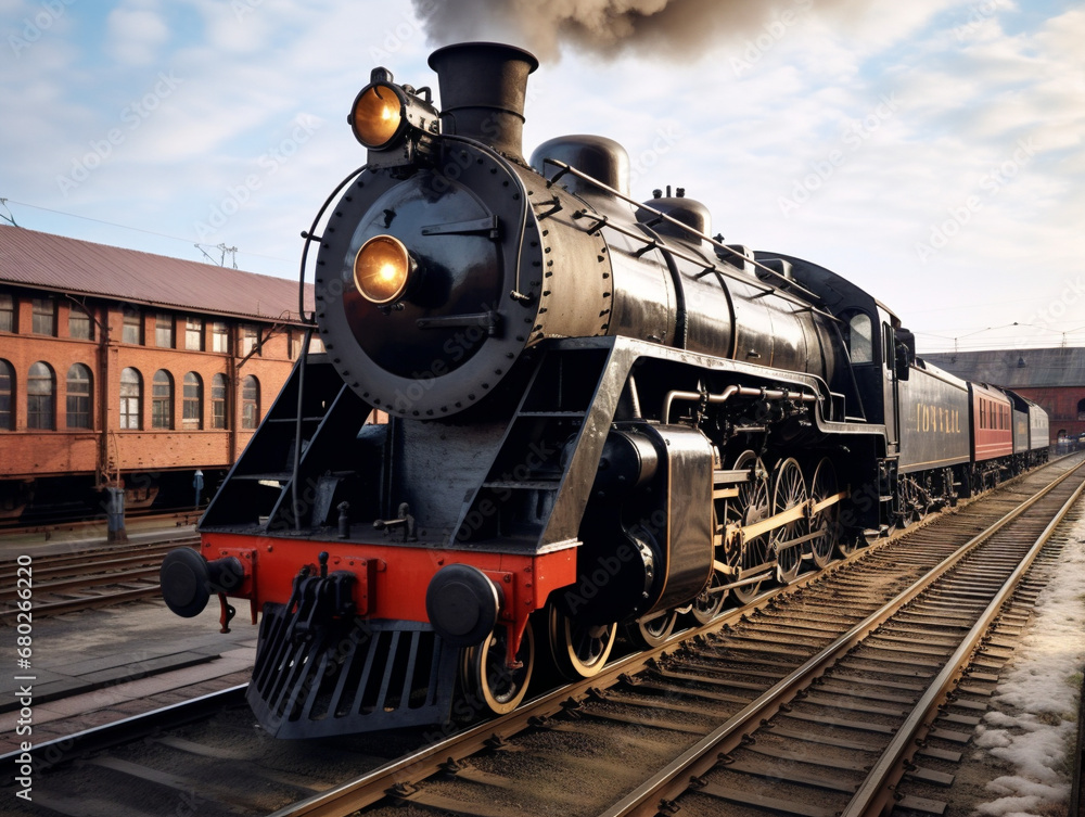 Naklejka premium A classic locomotive parked on a railway turntable, showcasing historical charm and efficient maneuverability.