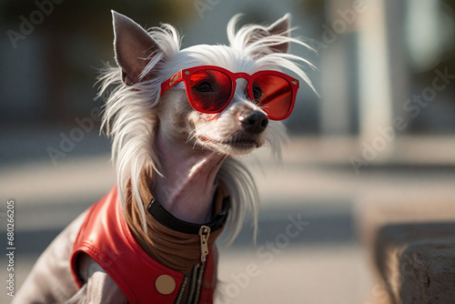 Funny Chinese Crested in red sunglasses. © Natalia Prasm