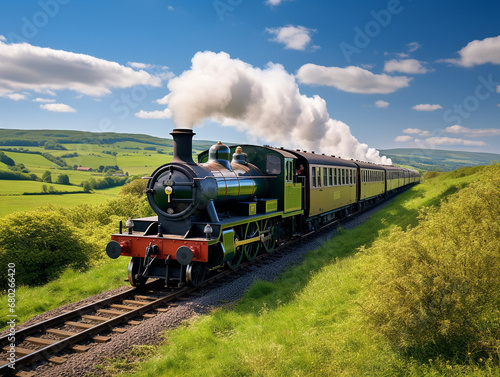 A nostalgic scene of a steam locomotive gracefully traversing the countryside in motion blur.