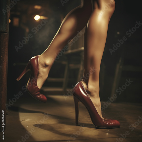 Gros plan de jambes sexy marchant dans la rue en talons aiguilles en cuir rouge photo