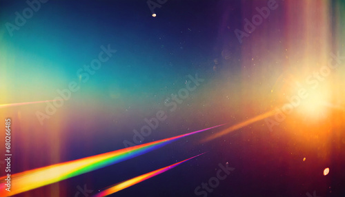 blurred rainbow flare with vintage effect on film dust and scratches overlay bokeh light leaks retro reflection abstract blurred glittering shine background and colorful flare
