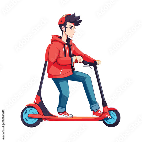 Boy With Scooty Vector. Young Boy Cartoon Riding Scooty Vector Illustration