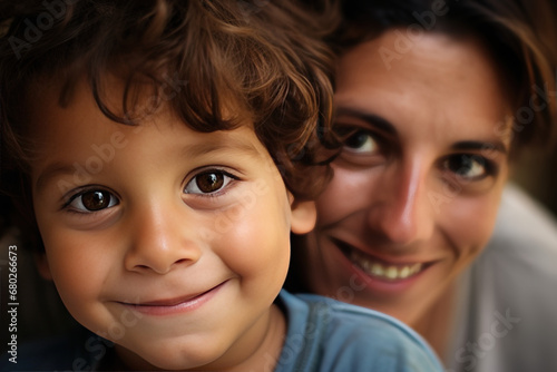 A close-up of a child's face with a smiling parent, warmth, security, home, happiness, childhood, portrait of parent and child