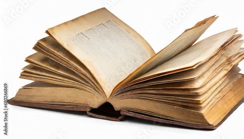 an old vintage open book from the side view isolated on white background
