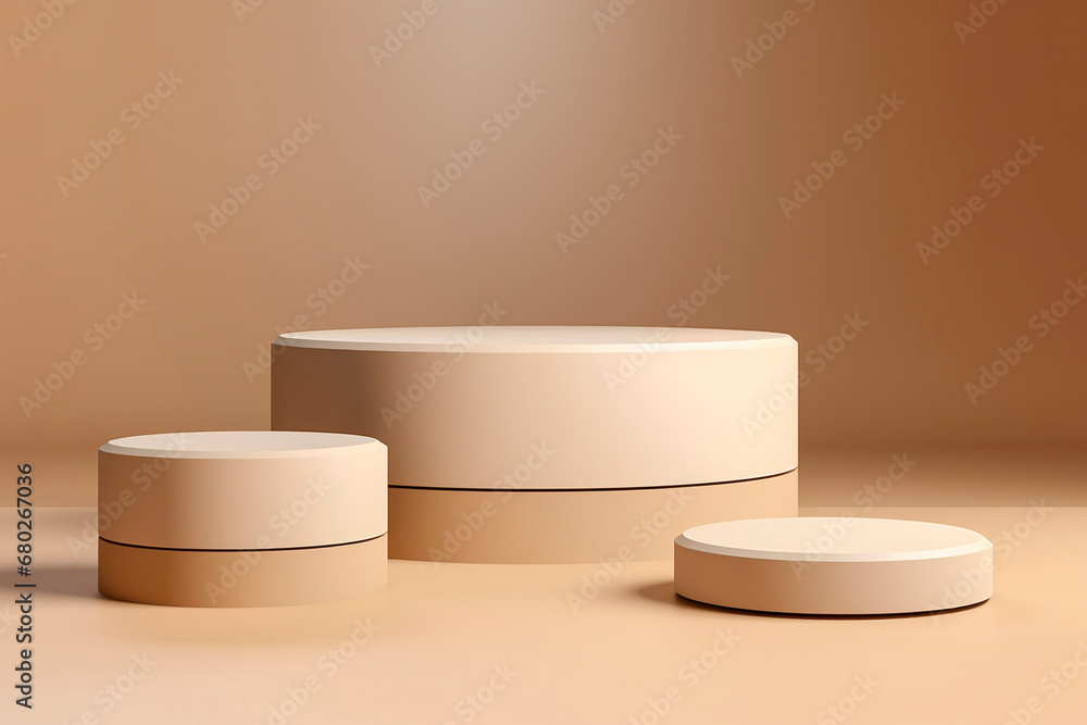 Three beige light podium for cosmetic product presentation Three beige light podium for cosmetic product presentation