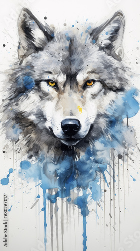 Ethereal Elegance: Captivating Side Profile of a Wolf, Spray-Painted in Striking Silver and Blue, Perfect for Stylish Wallpaper