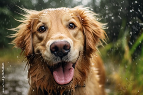 Close-up portrait photography of a curious golden retriever playing in the rain against wildlife refuges background. With generative AI technology © Markus Schröder