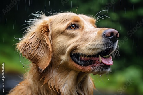 Close-up portrait photography of a curious golden retriever playing in the rain against wildlife refuges background. With generative AI technology