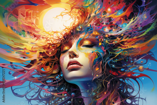 Celestial Gaze: Woman's Colorful Head with Sunlit Eye, Styled in Fluid Landscapes, High Detail, Sublime Light Effects, Realistic and Fantastical Mix, Mind-Bending Compositions, Yuumei's Influence, Cos