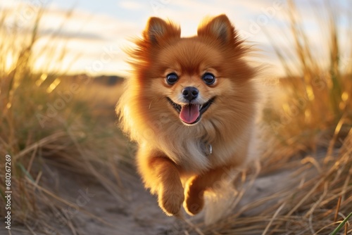Headshot portrait photography of a cute pomeranian chasing his tail against wildlife refuges background. With generative AI technology