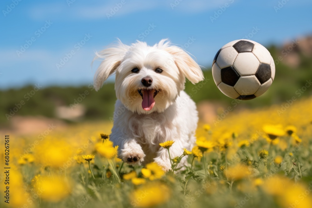 Group portrait photography of a funny maltese playing with a ball against sunflower fields background. With generative AI technology Group portrait photography of a funny maltese playing with a ball against sunflower fields background. With generative AI technology